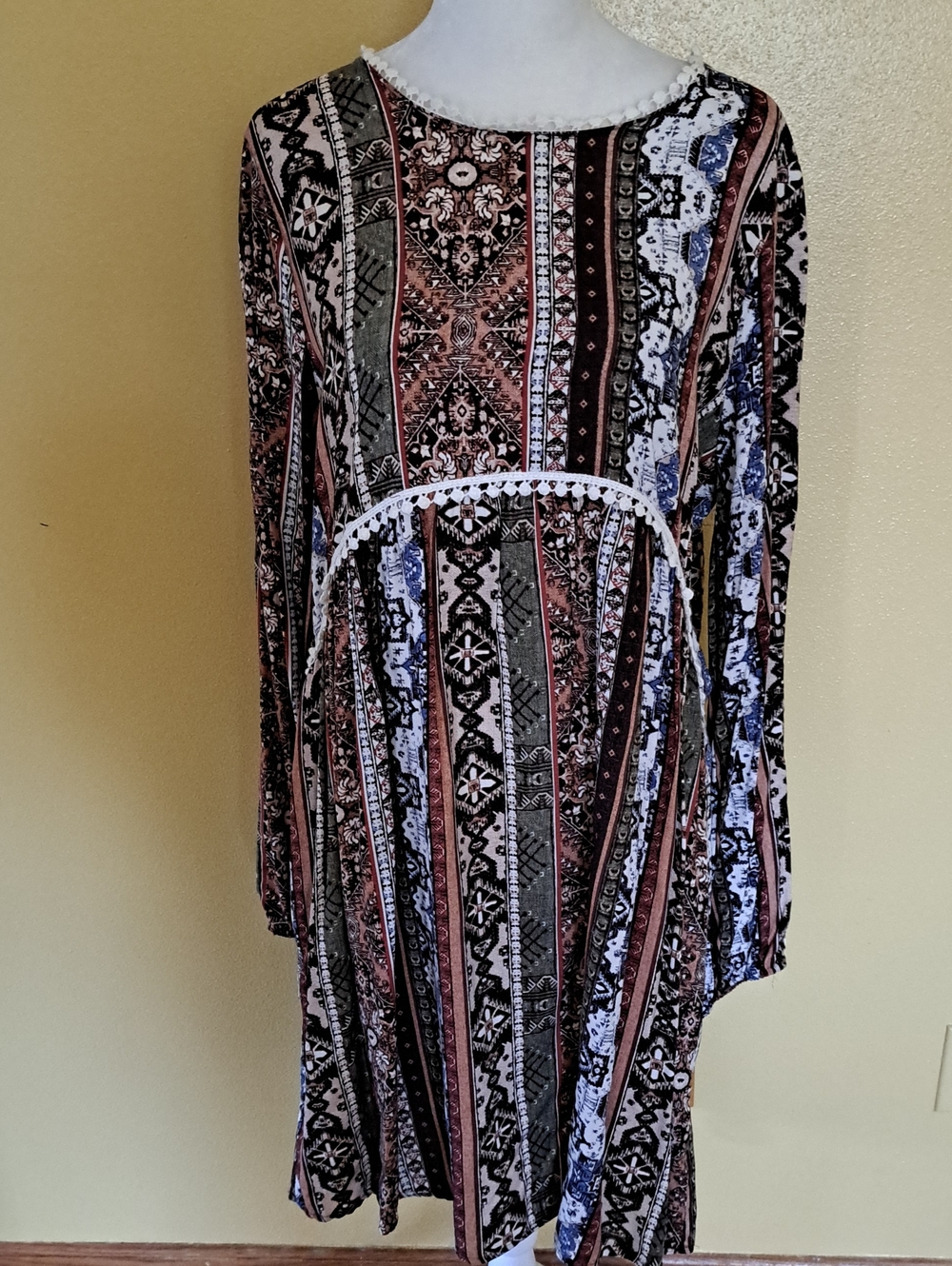 Long Sleeve Boho Stripe & Floral Dress - Brown Multi